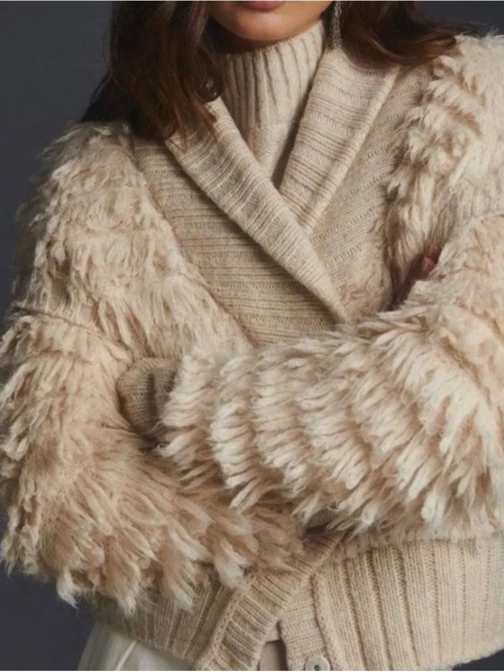 Anthropologie Cozy Textured Cream Shag Cardigan